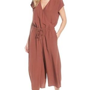 Eileen Fisher wide leg cropped jumpsuit draw string waist sz sm/p color russet